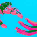 A neon colored robot hand reaching out for an equally neon human hand.